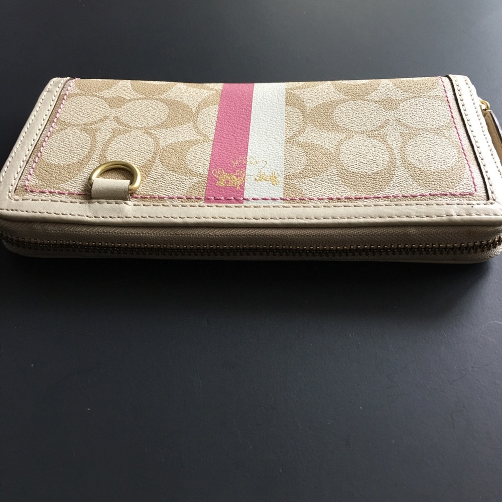 Coach Heritage Accordion Wallet Stripe Signature Tan Pink Monogram Canvas Zip - Picture 4 of 10